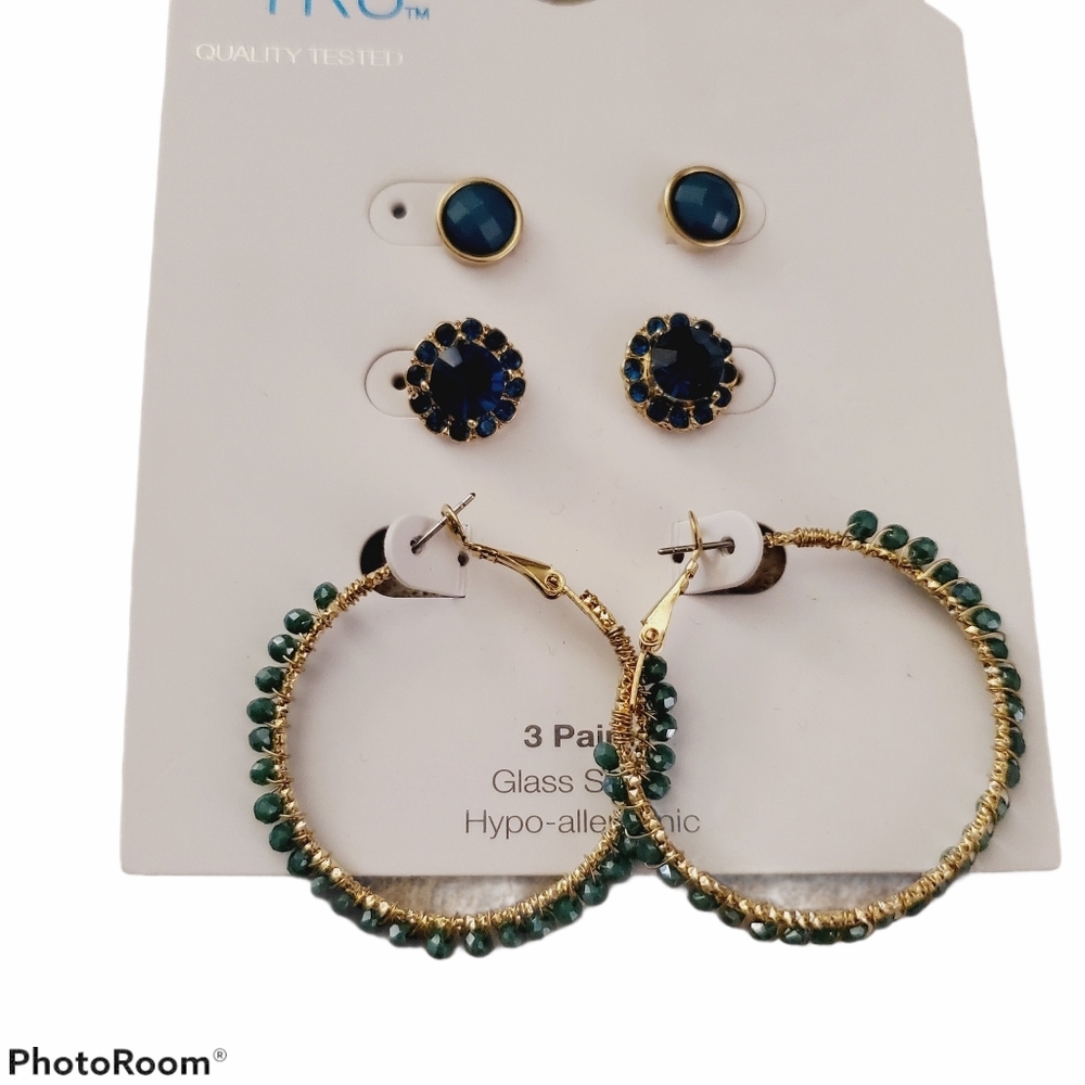 NEW Time and Tru Trio Set of Green and Gold Earrings
